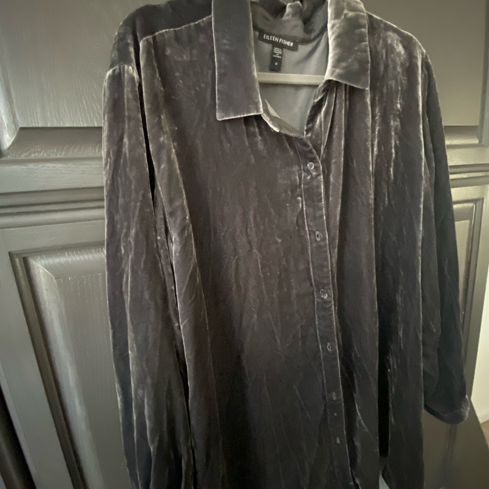 Eileen Fisher Velvet Button Up Shirt Graphite 1X Silk Blend Oversized - Picture 7 of 11